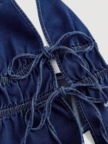 SHEIN MOD Women's Denim Backless Halter Top, Tie Front Sleeveless Asymmetrical Hem Top