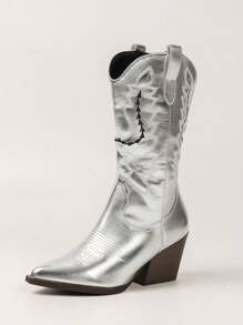 Women's Western Style Embroidered Pointed Toe Chunky,Perfect With Sweater, Heel Knee-High Boots - Silver - View 3
