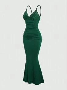 Sweetra Vestido elegante de unicolor con aplicación de encaje, diseño de sirena, vestido maxi de verano para mujer