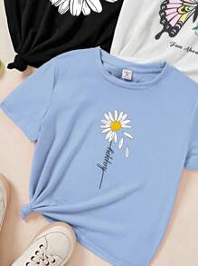 SHEIN EZwear Conjunto de 3 playeras informales de manga corta de corte ajustado para mujer, con diseño sencillo de flores y mariposas. - Multicolor - Ver 4