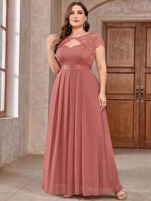 加大优雅花卉蕾丝甜心领雪纺正式派对长裙舞会晚会婚礼宾客礼服，适合毕业典礼、晚宴 - 藕粉色 - 查看 6