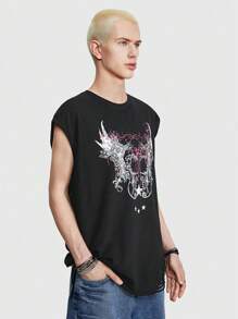 ROMWE MEN ROMWE Avant Men's Summer Casual Cross & Letter Printed Round Neck Top - Black - View 5