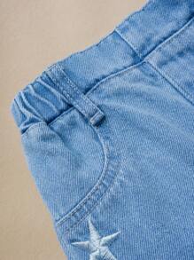 Baby Girls' Summer New Arrival Set: Simple Shirt With Star Embroidery And Jeans - Hot Pink - View 6