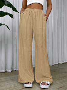 SHEIN EZwear Drawstring Waist Wide Leg Pants - Khaki - View 3