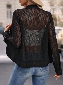 SHEIN LUNE Contrast Lace Open Front Jacket Fall Cloth For Women - Black - View 2