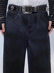 Manfinity Roghcode 男裝純色寬腿拉鍊牛仔褲，帶口袋，街頭風格 - 深色水洗藍 - 查看 6