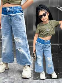 SHEIN YOUNG GIRL 休閒街頭簡約前衛色塊高腰破洞淺色牛仔褲，直筒設計 - 淺色水洗藍 - 查看 1