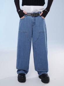 Manfinity Homme Quần jean denim ống rộng dáng rộng giản dị có túi cho nam, phong cách đường phố - Rửa nhẹ - Xem 4