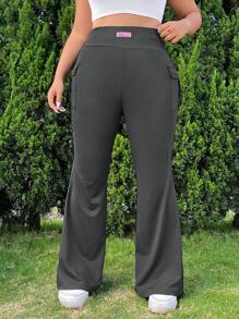 SHEIN EZwear Women's Plus Size Knitted Stretch Solid Color Flare Pants With Pocket - Grey - View 3