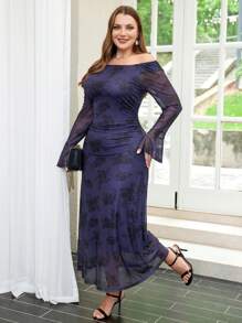 SHEIN Privé Plus Size Elegant Artistic Floral Printed A-Line Abaya Dress With Tight Waist And Slit Cut, Green - Dusty Purple - View 6