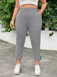 SHEIN EZwear 大码女式经典黑白格纹针织面料休闲教师裤，适合夏秋季节、返校季、教师节、校园及工作场合穿着，侧边开衩，弹性腰带，带口袋，格纹七分裤 - 彩色 - 查看 3