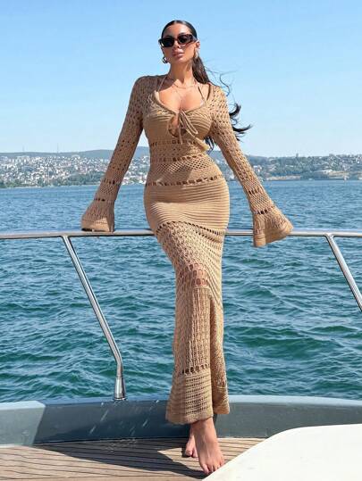 SHEIN Petite Size Women Hollow-Up Detailed V-Neck Maxi Crochet Casual Vacation Long Dress