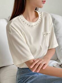 DAZY Camiseta Con Cuentas De Perlas Con Diseño De Hombro Caído