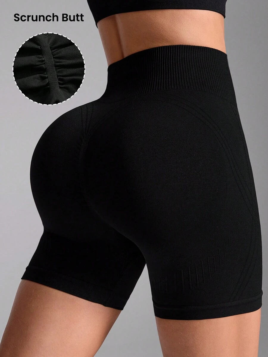 Gameset SHEIN Sport 實心高腰無縫修身運動短褲 - 黑色 - 查看 1