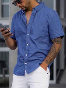 Men's Solid Color Short Sleeve Casual Comfortable Shirt, Summer - Royal Blue - View 3