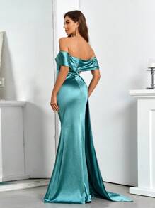 SHEIN Belle Dresses Graduation Elegant One-Shoulder High-Waist Open-Back Ribbon Long Dress Bridesmaid Adult Dress Formal Evening Prom Wedding Guest Gown, For Dinner - Teal Blue - View 2
