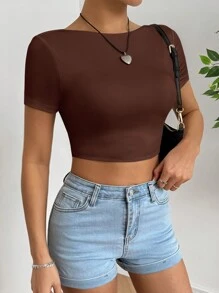 Muchica 無背扭結短袖短款修身T卹，女款夏季純色款 - 棕色 - 查看 3