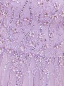 Luxury Lace Prom Dresses Long With Puffy Hem 3D Flower Rhinestone, Spaghetti Strap Tulle Ball Gown Hand Beading V Neck Formal Evening Gowns Lace Up Back Homecoming Dresses Elegant Wedding Guest Dress, For Graduation, Dinner Party Dress, For Valentine's Day - Lilac Purple - View 4