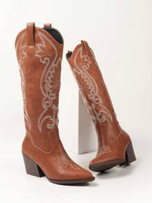 New Embroidered Pointed Toe High-Cut Western Women's Boots, Perfect With Sweater, Cowboy Boot - Brown - View 5