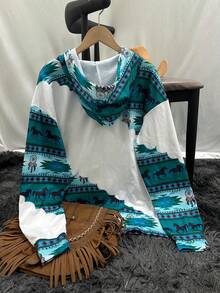 女士休閒時尚圓領帽T恤，復古西部印花套頭上衣