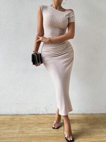 Chiquease Asymmetrical Neck Ribbed Knit Ruched Dress - Apricot - View 5