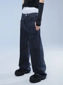 Manfinity Roghcode 男裝純色寬腿拉鍊牛仔褲，帶口袋，街頭風格 - 深色水洗藍 - 查看 4