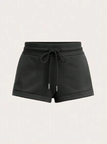 SHEIN BASICS 女士舒适低腰开衩运动短裤、家居百慕大短裤、春夏 - 深灰色 - 查看 6