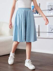 SHEIN Tween Girl Loose Casual Solid Color High-Waist Wide-Leg Shorts With Pleats And Exaggerated Big Pockets - Baby Blue - View 5