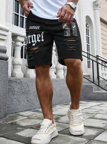 Manfinity LEGND Men Letter Graphic Ripped Denim Shorts Jorts - Black - View 5