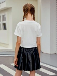 少女1件時尚字母印花T恤和1件PU皮革百褶裙 - 白色 - 查看 2