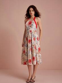 Chiquease Váy in hoa ngẫu nhiên có dây đeo màu tương phản hở lưng trang trí vòng sắt - Nhiều màu - Xem 1