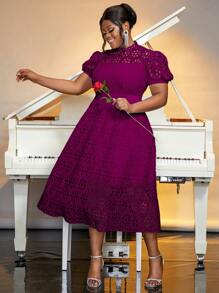 Plus Size Spring Purple Easter Solid Color Hollow Out Lace Puff Sleeve A-Line Elegant Wedding Birthday Date Dress For Women, Valentine's Day Party Dress Wedding Guest Cocktail Dress - Màu tím - Xem 3