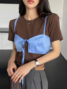 DAZY Women's Blue Knotted Strap Camisole And Brown Round Neck Short Sleeve Top, Casual Summer Outfit 2pcs/Set