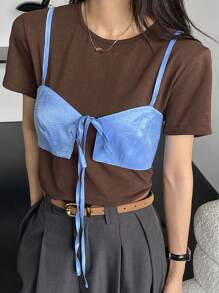 DAZY Women's Blue Knotted Strap Camisole And Brown Round Neck Short Sleeve Top, Casual Summer Outfit 2pcs/Set