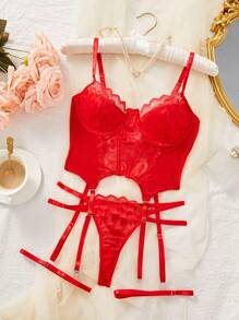 花卉蕾絲鋼圈吊帶襪內衣套裝 - 紅色 - 查看 4