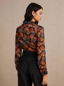 Poéselle Leaf Print Button Front Shirt,Long Sleeve Tops