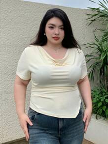 Dazy Plus 大码纯色垂领修身短袖 T 恤 - 杏色 - 查看 6