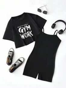 Easithlete 口号图案吊带连体衣健身套装