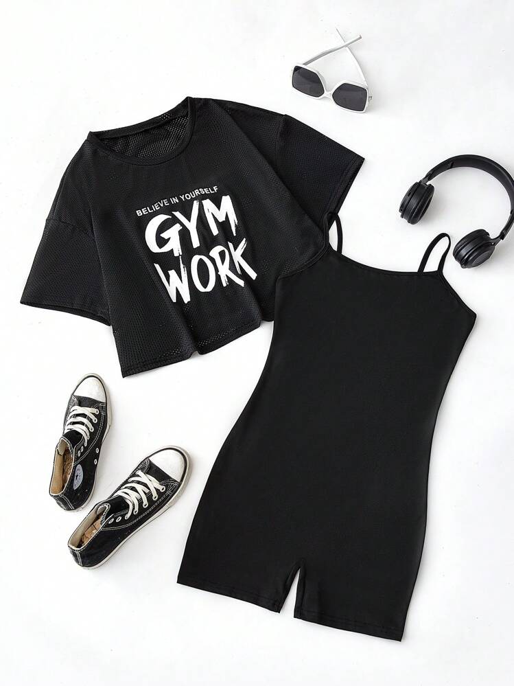 Seamluxe SHEIN Sport Conjunto de pantalón corto y top con gráficos y lemas para hacer ejercicio - Negro - Añade 1
