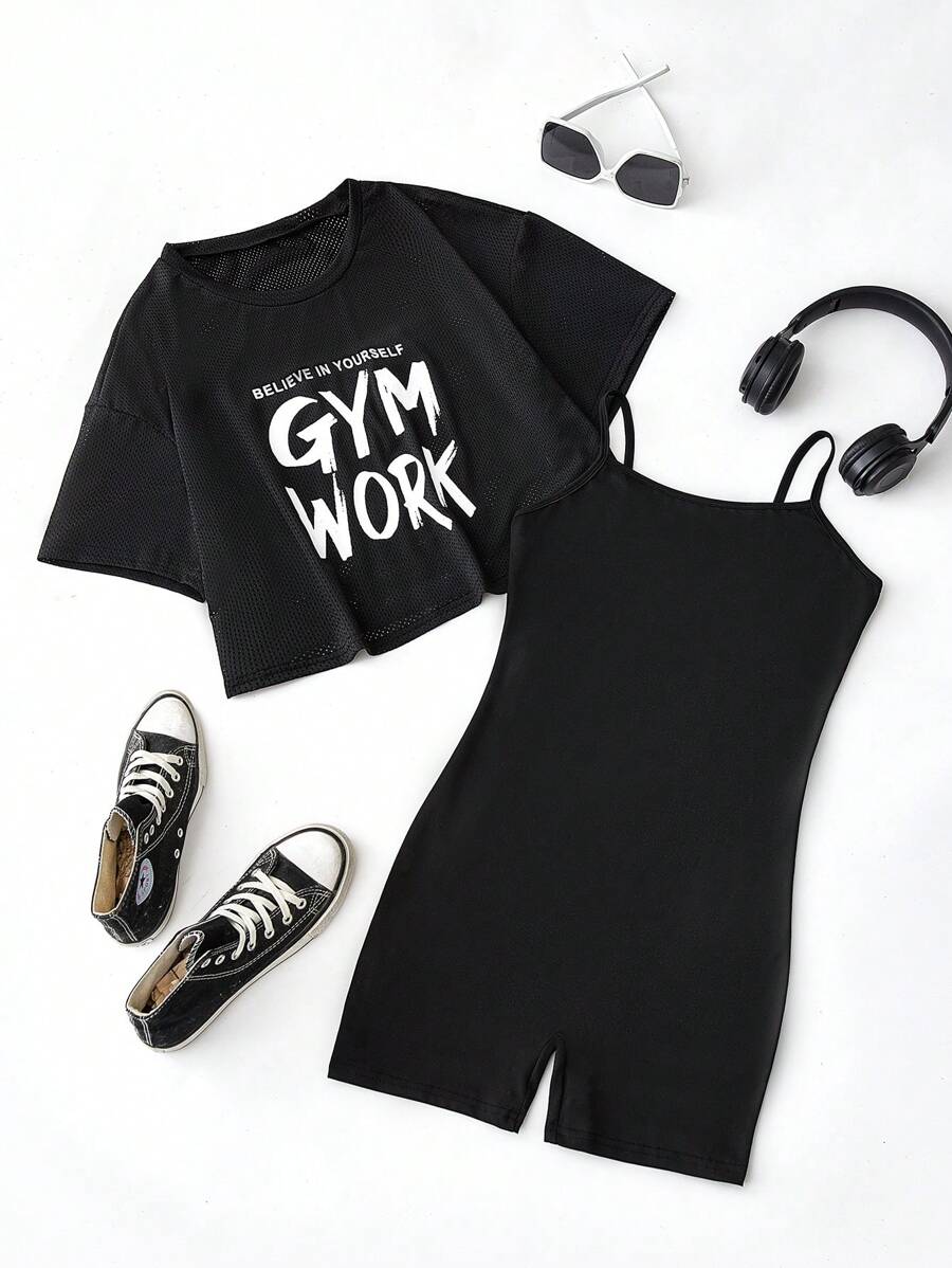 Easithlete 口号图案吊带连体衣健身套装