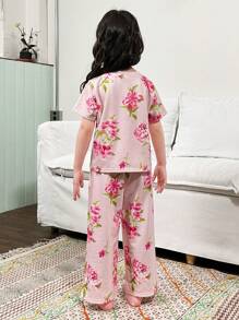 SHEIN Young Girl Casual And Comfortable Floral Pattern Short Sleeve Top & Long Pants Knit Flame Resistant Homewear Pajama Set - Baby Pink - View 2