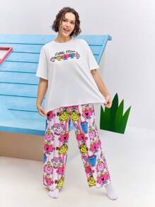 Mr Men Little Miss X SHEIN Plus Size Loose Knit Cartoon Striped Printed Pajama Set For Leisure And Home - Red - View 2