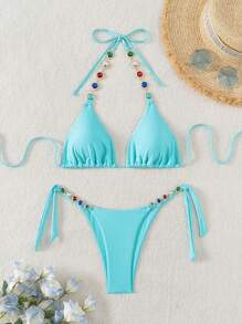 SHEIN Swim Ladies' Summer Beach Sexy Plain Swimwear Set