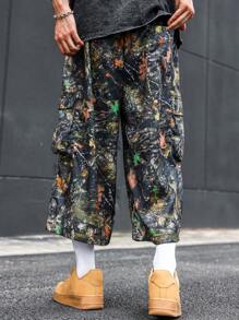 Manfinity EMRG Men's Vintage Camouflage Loose Wide Leg Capri Pants, Streetwear ,Camo Pants , Baggy Pants - Navy Blue - View 7