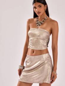 MUSERA Metallic Bandeau Style Longline Crop Top Vacation Spring Summer - Khaki - View 4