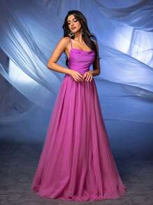 SHEIN Belle 女士網眼拼接交叉背無袖晚會裙 - 紫色 - 查看 3