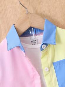 3pcs/Set Baby Girls' Spring/Summer Outfit - Long Sleeve Patchwork Shirt, White T-Shirt And Washed Denim Shorts - Blue - View 5