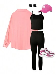 Conjunto de ropa casual de verano para adolescente, camisa rosa de manga larga con botones frontales, combinada con chaleco de camisola negro y pantalones - Rosa - Ver 2