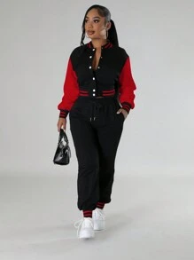 Two Pieces Women's Casual Color Blocked Single Breasted Long Sleeved Jacket Top And Drawstring Pocket Sports Pants Set For Spring And Autumn Winter Wear