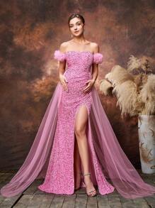 Maternity Off Shoulder Split Thigh Sequin Party Elegant Dress